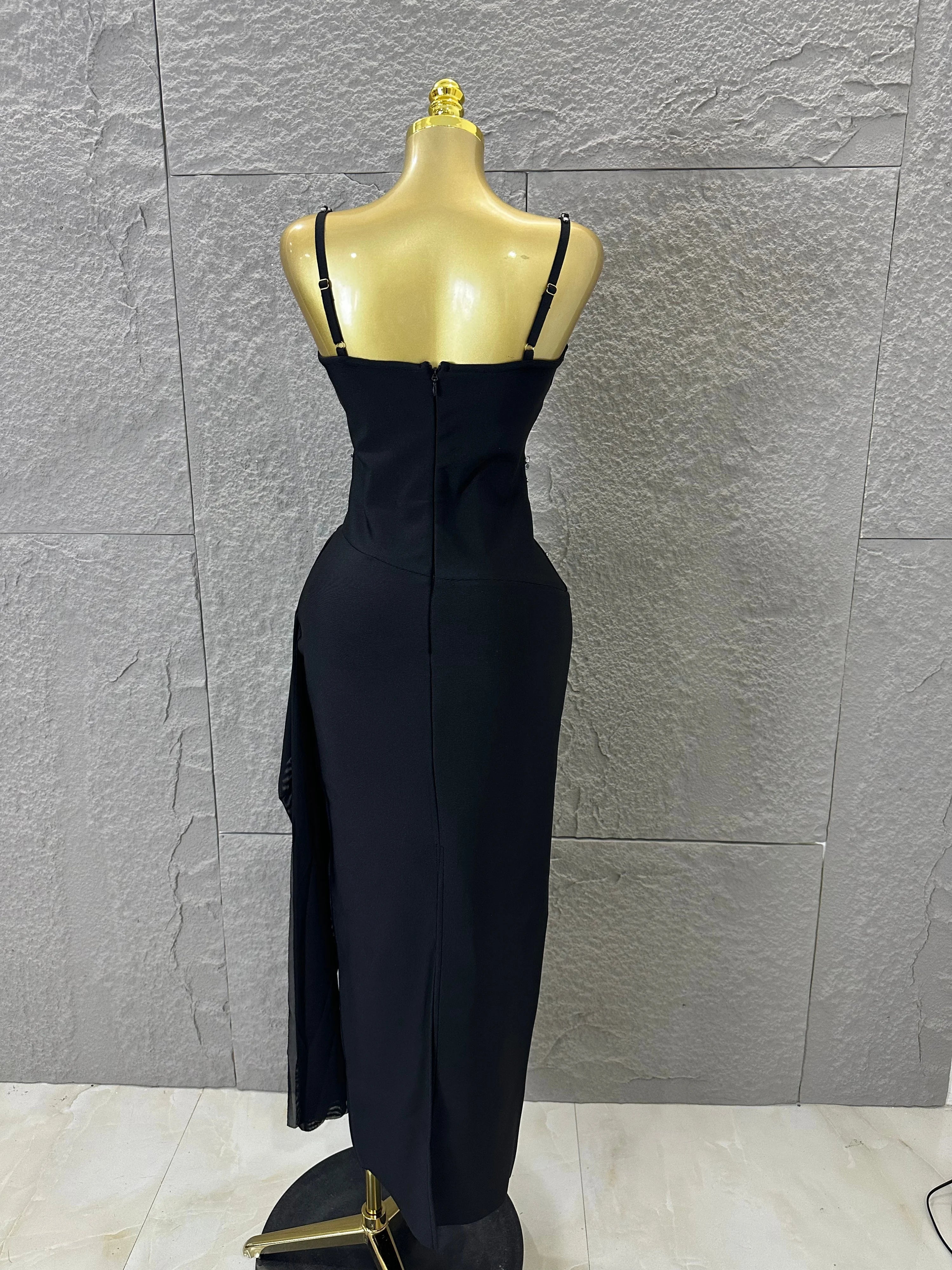 Luxury Black Beaded Corset Maxi Dress Spaghetti Strap Ruched Draped Skirt Formal Gala Evening Cocktail Photoshoot Party Dress