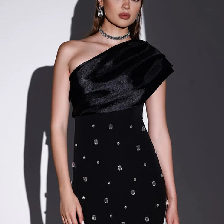 Women Sexy One Shoulder Diamonds Pink Black Maxi Long Bodycon Bandage Dress Elegant Evening Club Party Dress