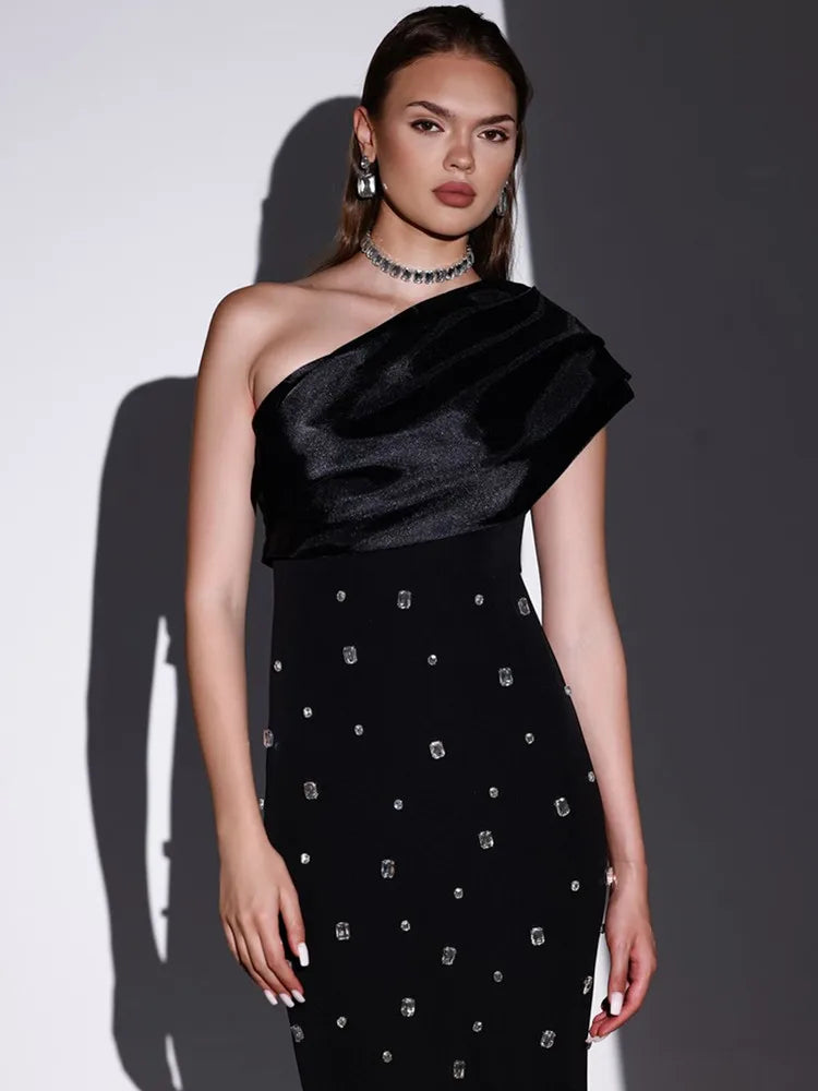 Women Sexy One Shoulder Diamonds Pink Black Maxi Long Bodycon Bandage Dress Elegant Evening Club Party Dress