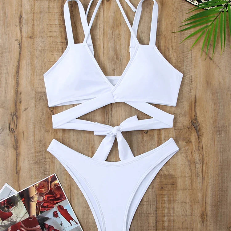 Bikini Women Swimsuit New Solid Sling Lace Up Bikinis Set Sexy Thong Swimwear Summer Two Piece Beach Bathing Suit Female WHITE