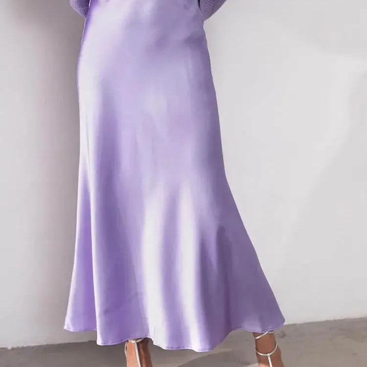 High Waisted Satin Long Skirts for Women Spring/Summer New Women's Skirt A-line Fashion Elegant Slim Fit Grey Black Skirt purple