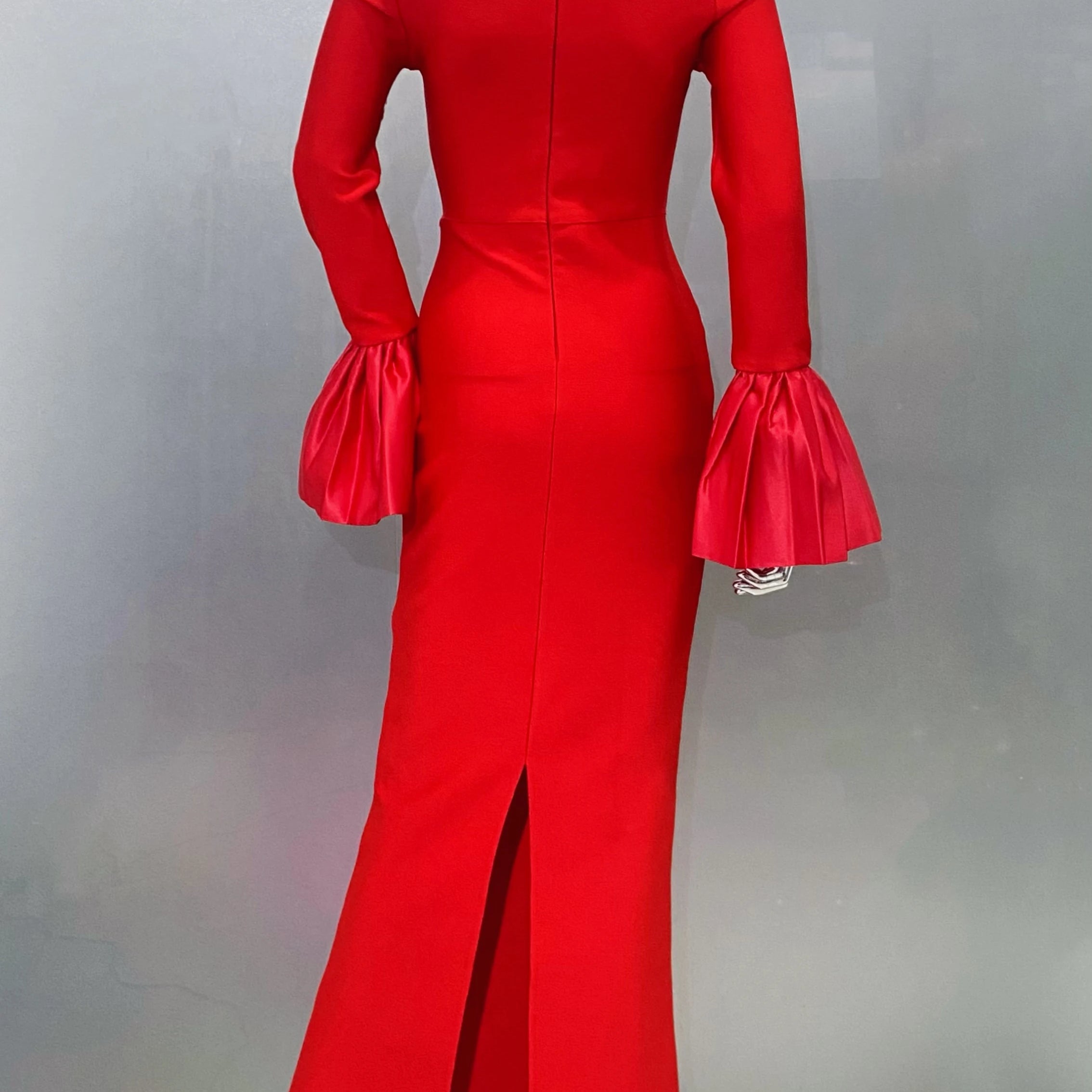 New Red Color Women Flare Sleeve Shinning Crystal Necklace Bodycon Bandage Long Dress Elegant Evening Party Celebrate Dress