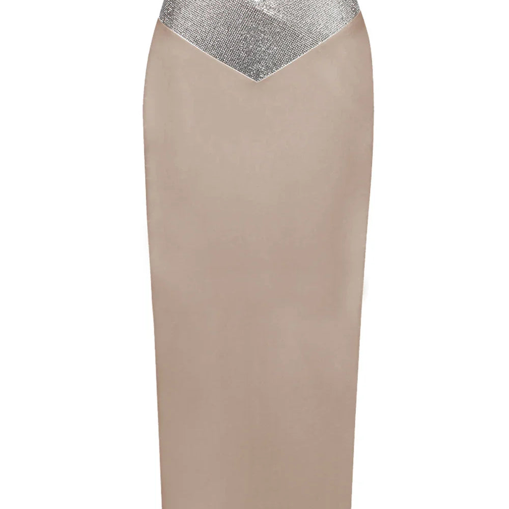 Women Crystal Diamonds White Black Bodycon Midi Bandage Skirt Designer High Waist Party Club Pencil Skirt 77cm Beige