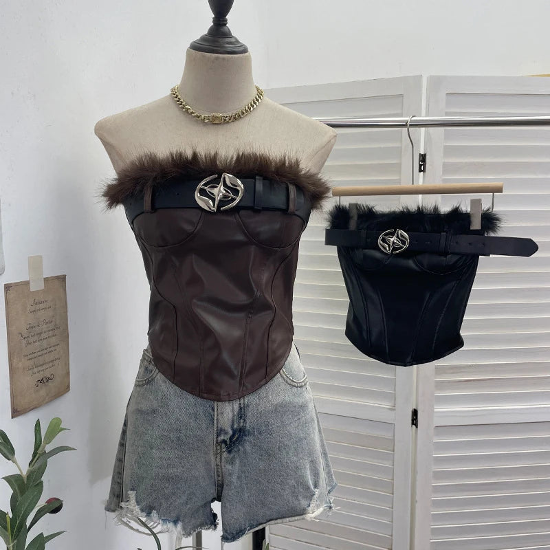 Winter New Fashion Furry Patchwork PU Leather Belt Tank Top Vest For Women Chest Pads Backless Short Tops 11A07915