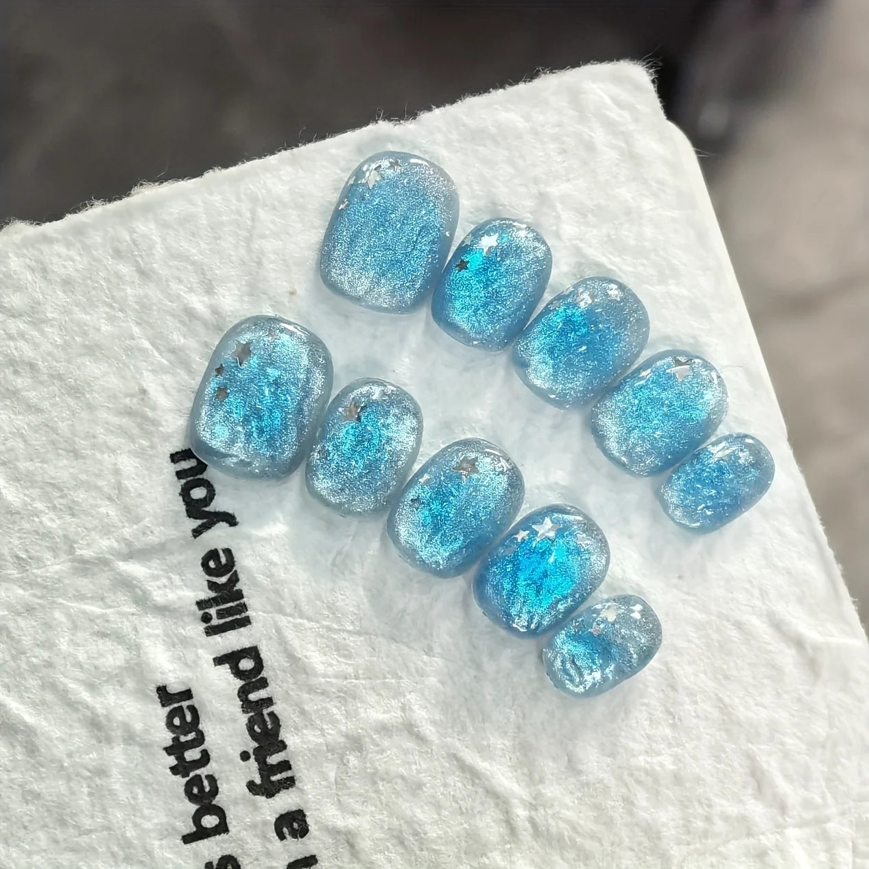 10pcs Handmade Press on Nail Ice Blue Ocean Star Ice-transparent Texture False Nail for Women&Girl Short Oval Wearable Nail