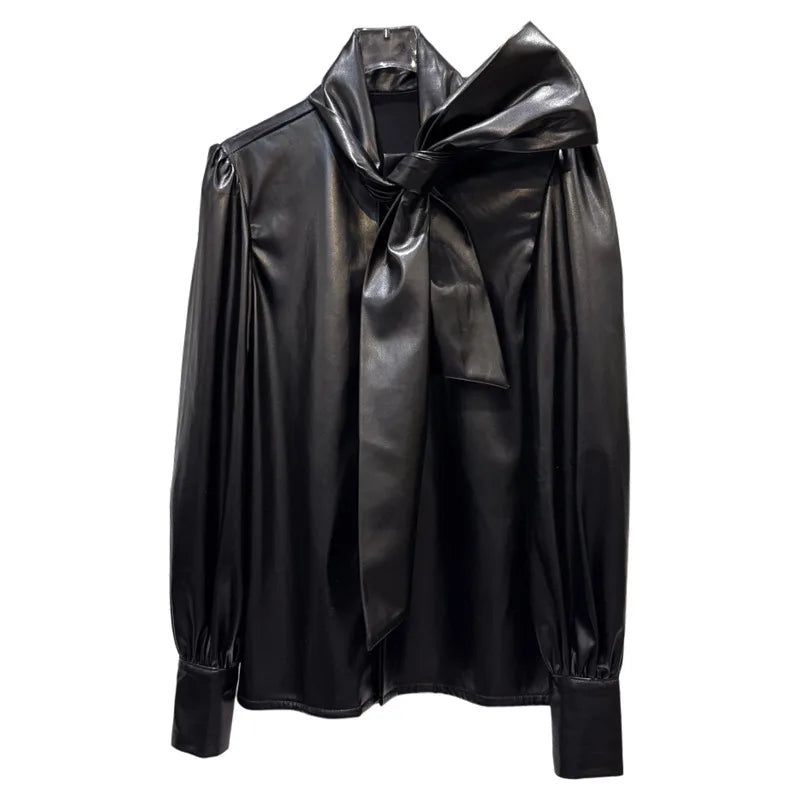 Winter New Fashion Street Style Tie Scarf Bow PU Leather Shirt For Women Loose Black Blouse Female Trend 11A07665