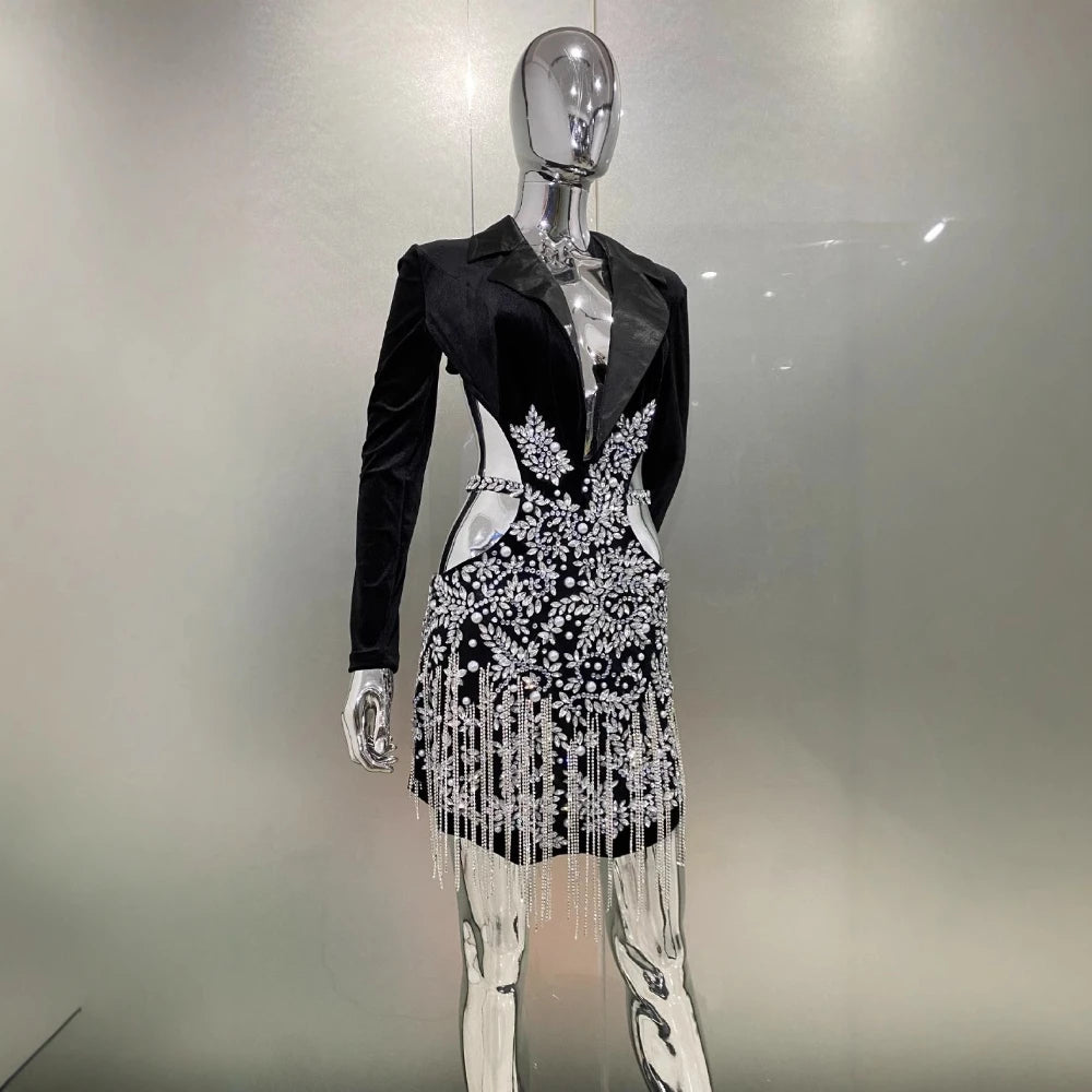 Slimming Hollow Out Spliced Diamond Luxurious Dresses for Women Lapel Long Sleeve Patchwork Tassels Dress Female