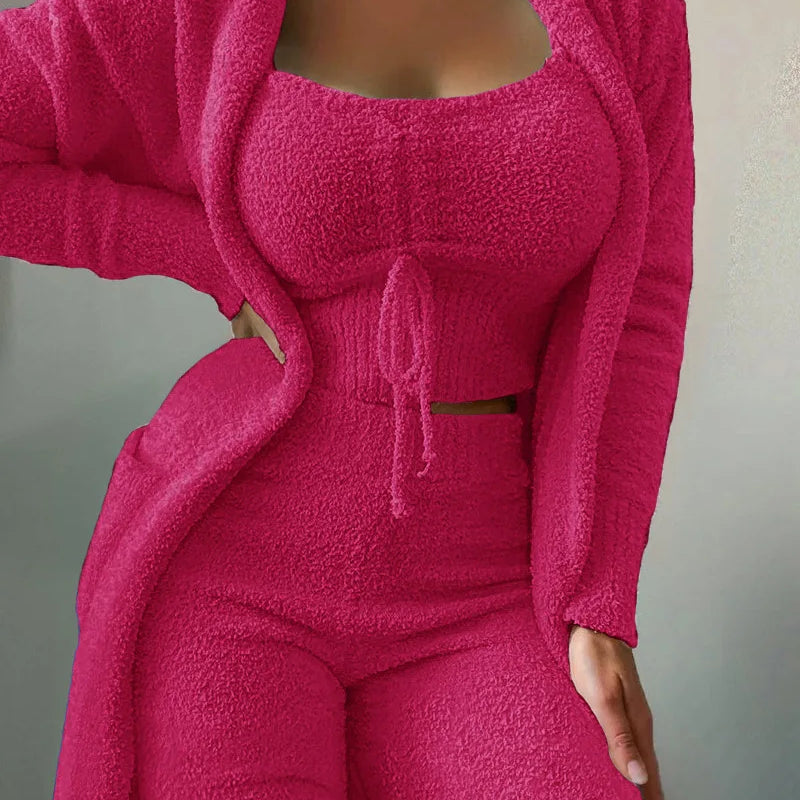CM.YAYA 3-Piece Women Sets Plush Velvet Pajama Sleepwear Tank Tops + Pants + Cardigan Coat Tracksuit Loungewear Causal Outfits Rose Red 2