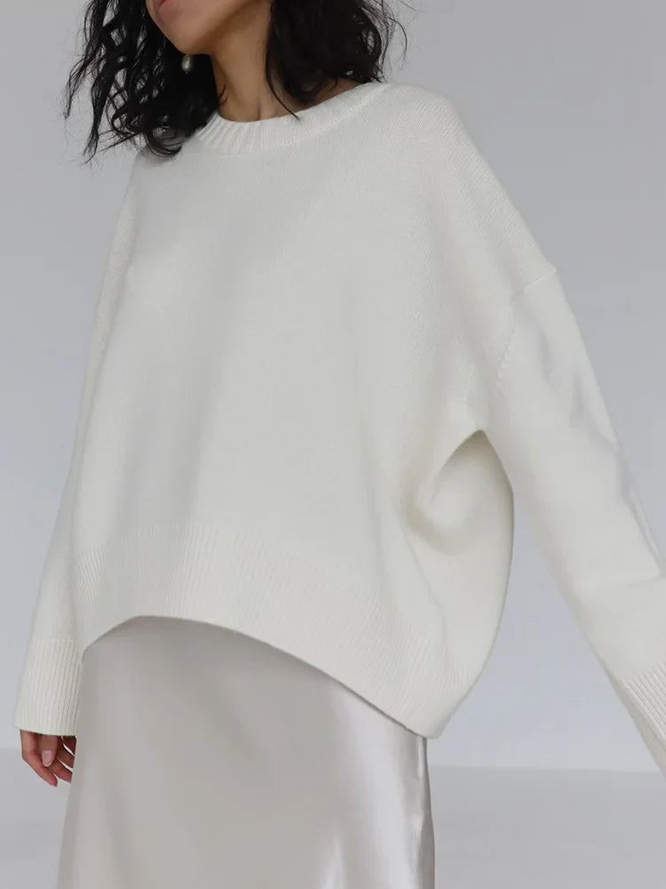 Basic Sweaters For Women Oversize O Neck Knitted Pullovers Autumn Winter Loose Tops Women's Jumper Light Blue Sweaters Oversized White