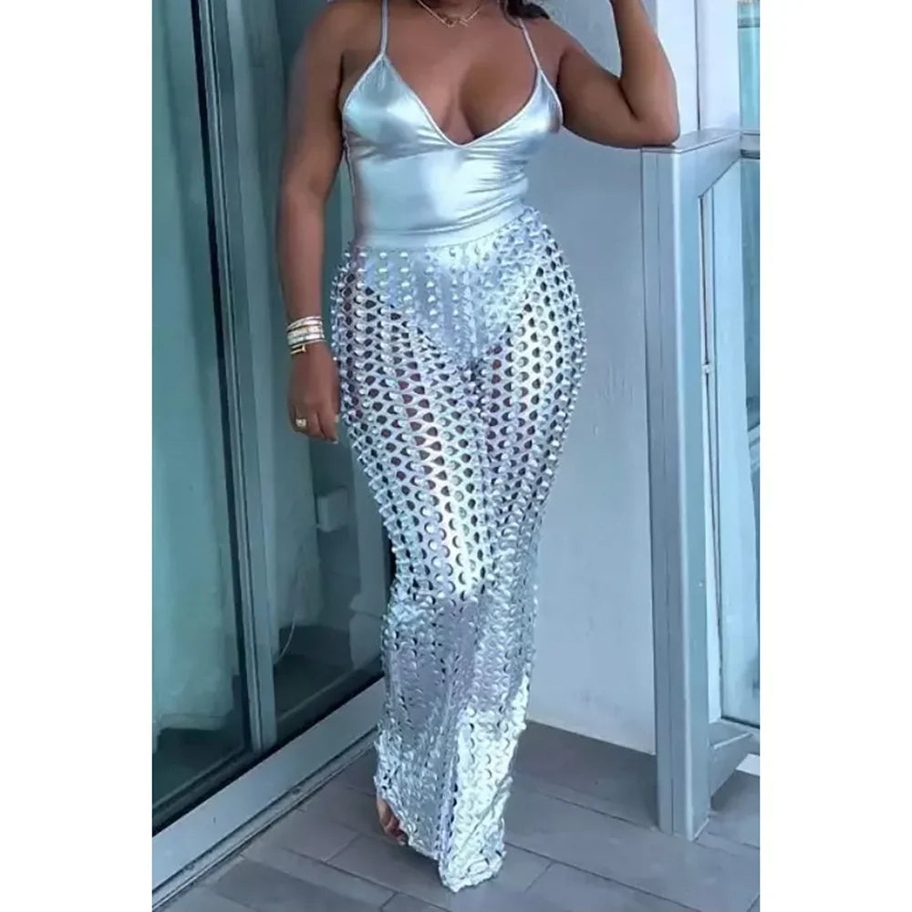Plus Size Silver Solid Festival Metallic Hollow Sleeveless Two Pieces Pant Sets 2025 New Fashion
