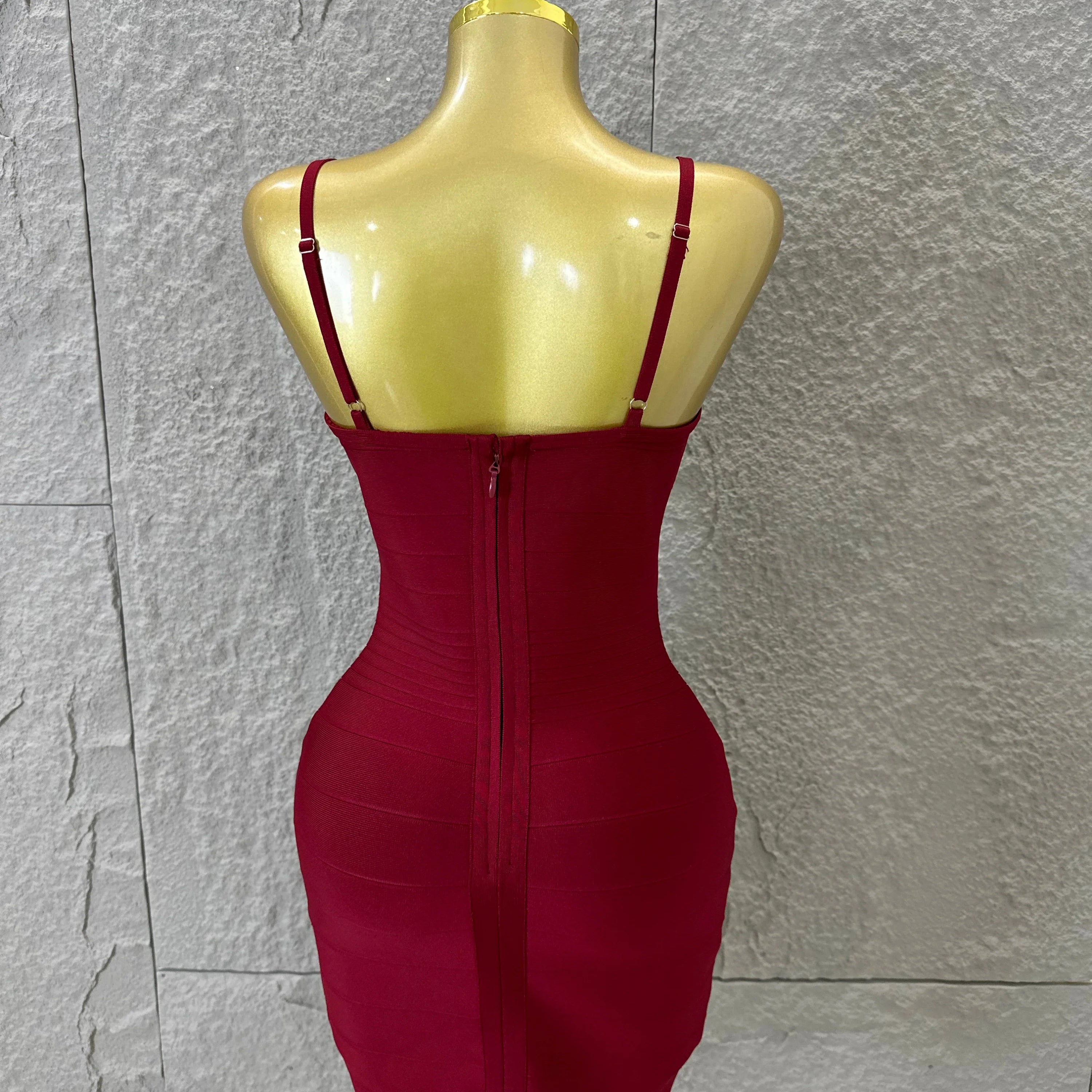 Chic Burgundy Bandage Mini Dress Women Spaghetti Strap Square Neck Bodycon Formal Event Casual Wear Costume