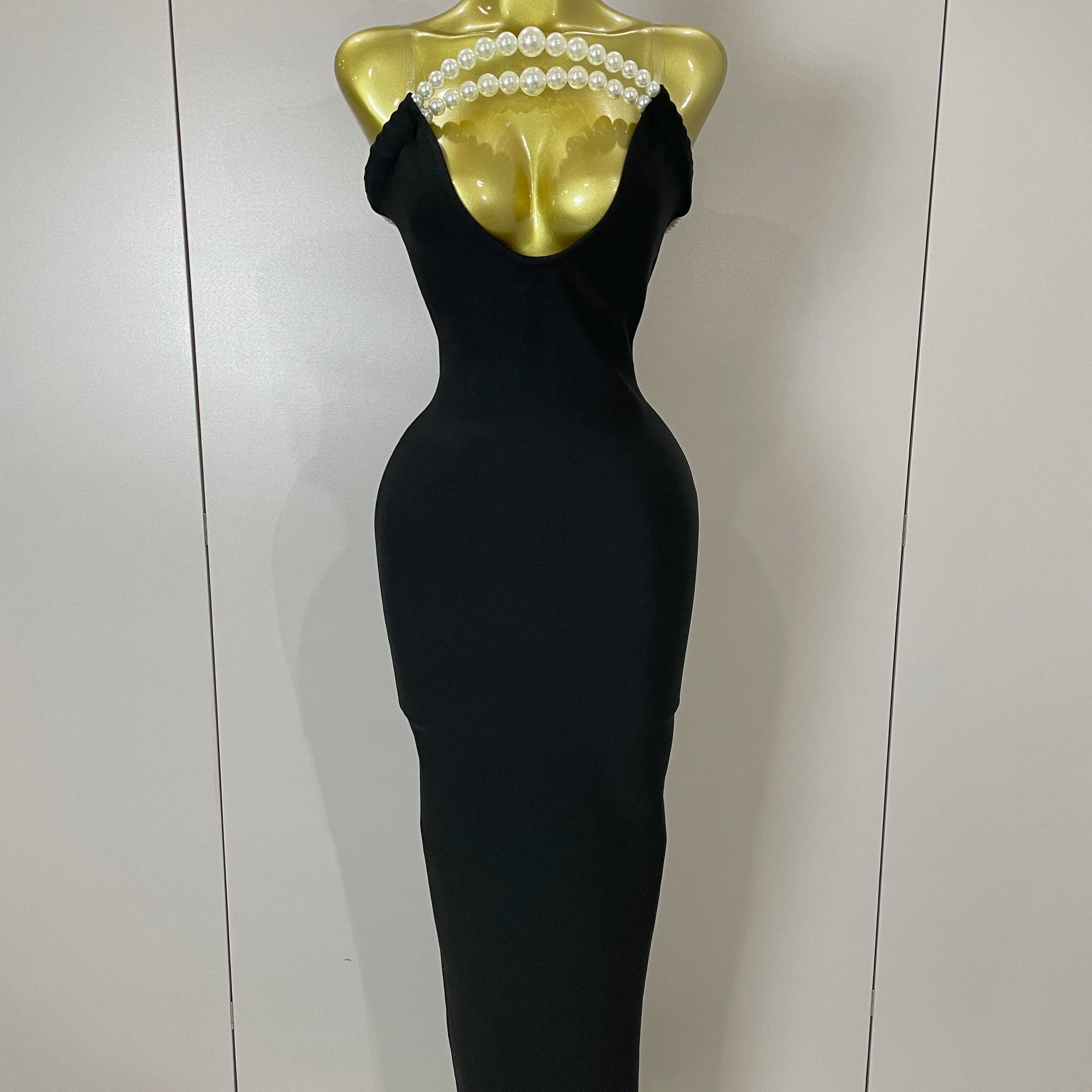 Sexy Backless Strapless Black Beading Long Bandage Bodycon Dress 2025 Women Celebrity Elegant Evening Luxury Birthday Dresses black