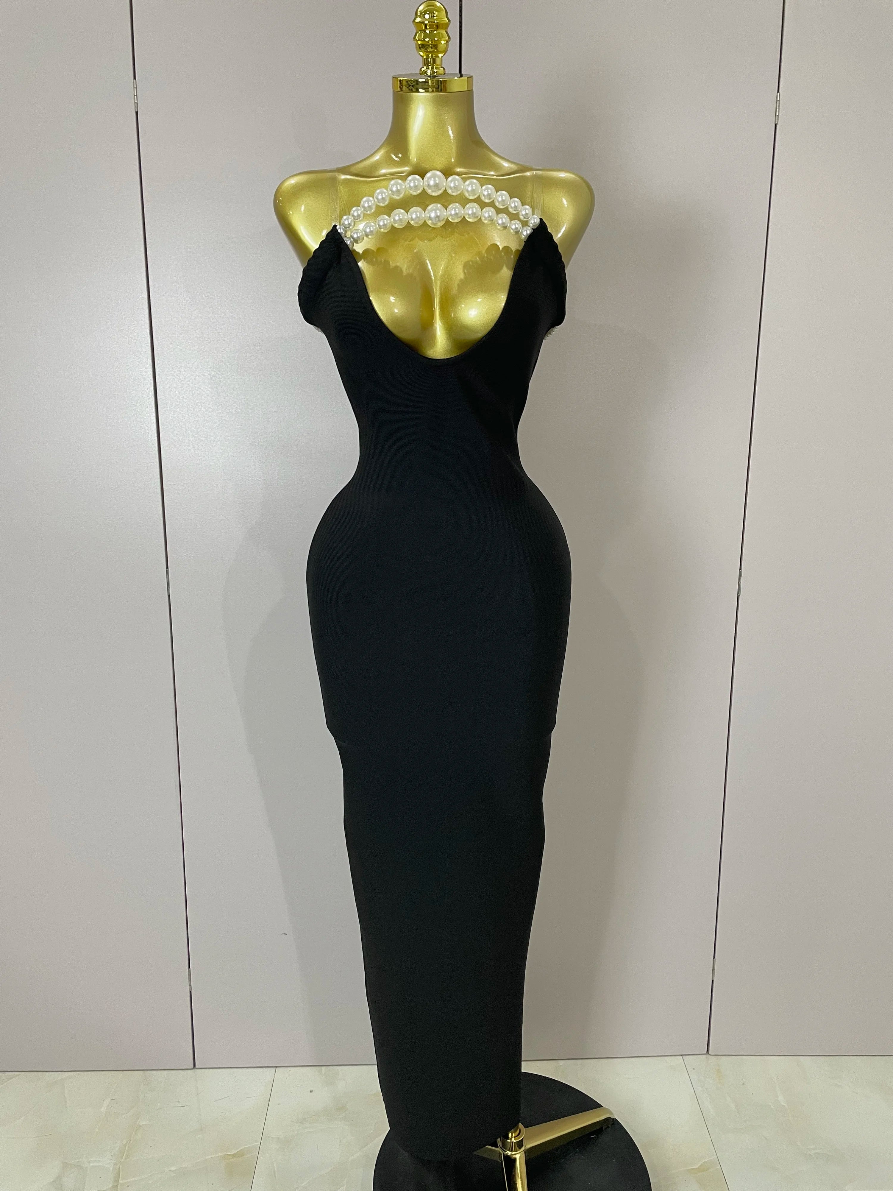 Sexy Backless Strapless Black Beading Long Bandage Bodycon Dress 2025 Women Celebrity Elegant Evening Luxury Birthday Dresses black