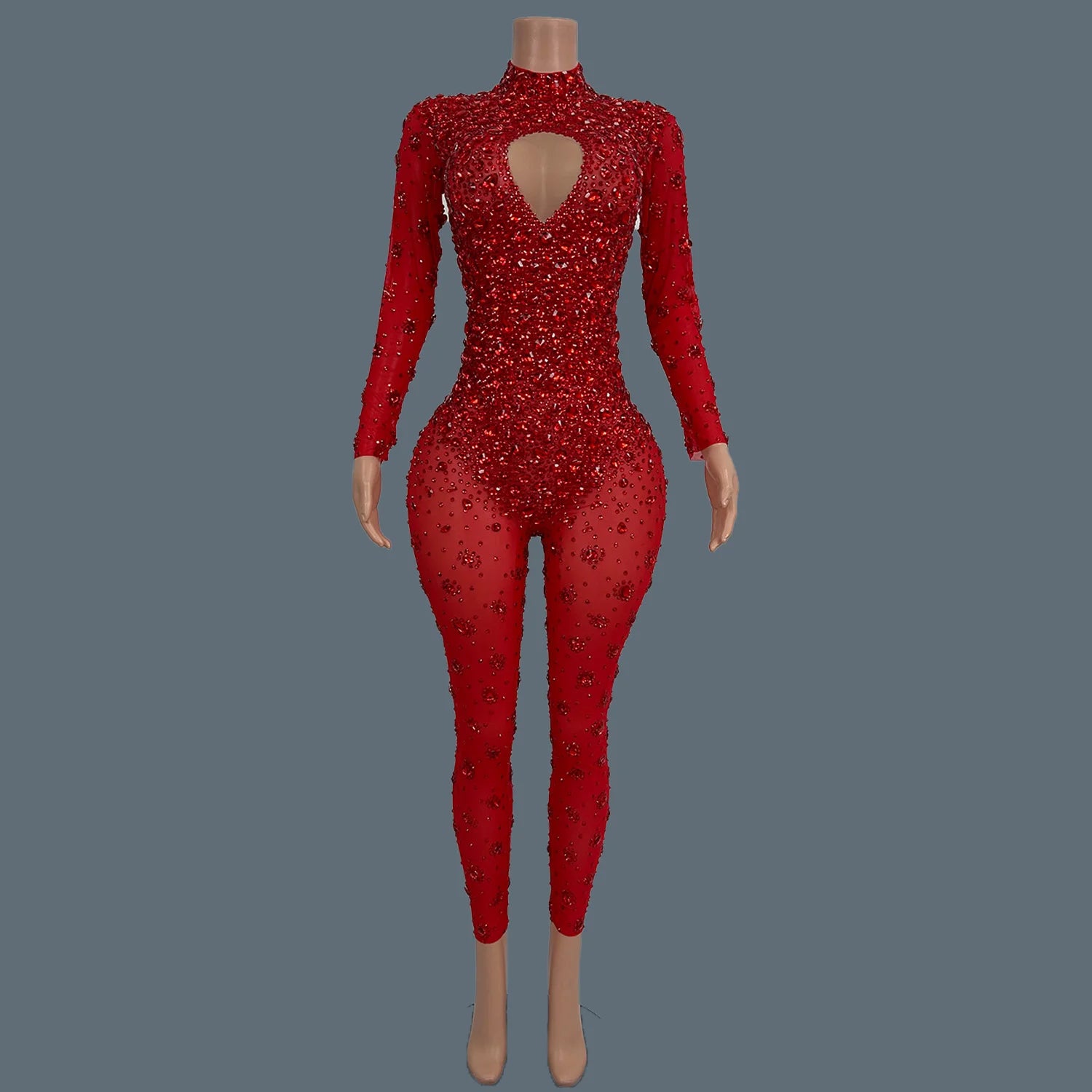 Sparkly Rhinestone See Through Mesh Tight Fitting Jumpsuit Women Night Party Outfit Female Singer Stage Performance Wear Cuican Red