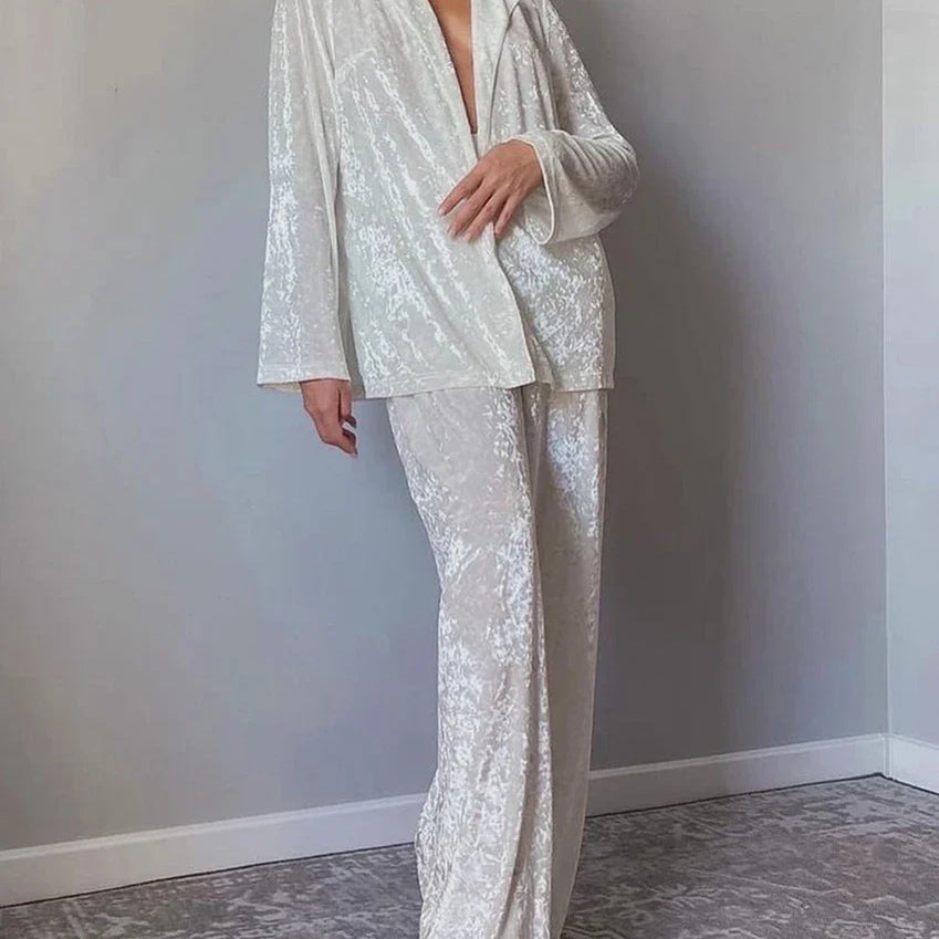 Clacive Winter Loose Home Suits Fashion White Velvet Pants Set Elegant Lapel Long Sleeve Blouses Two Piece Sets Womens Outifits