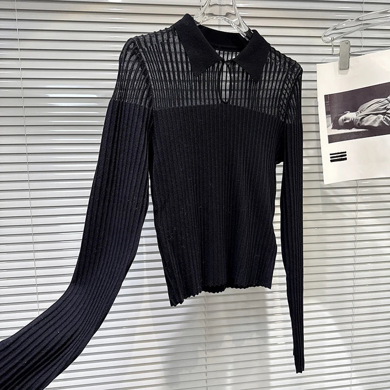 Winter New Fashion Lapel Slightly Transparent Patchwork Design Knitted Tops For Women Slim Fit Shirts Female 11A07661