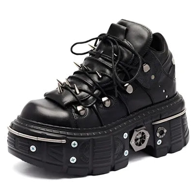 2025 Women Ankle Boots for Woman's Thick Bottom Lace-Up Metal Decoration Round Toe Platform Shoes Ladeis Punk Gothic Sneakers black Rivet 1