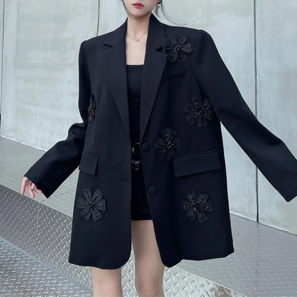Fashion Spliced Appliques Elegant Jackets for Women Lapel Long Sleeves Patchwork Pocket Jacket Female Clothing New BLACK