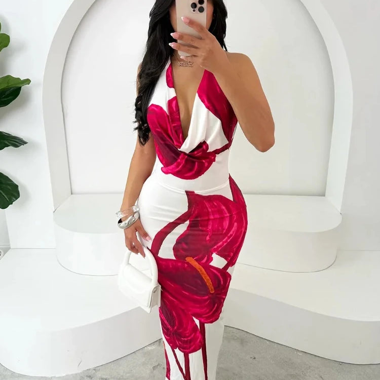 CM.YAYA Women Sleeveless floral Print pile neck backless bodycon midi maxi Dress Summer Evening Sexy Party long Dresses Vestidos