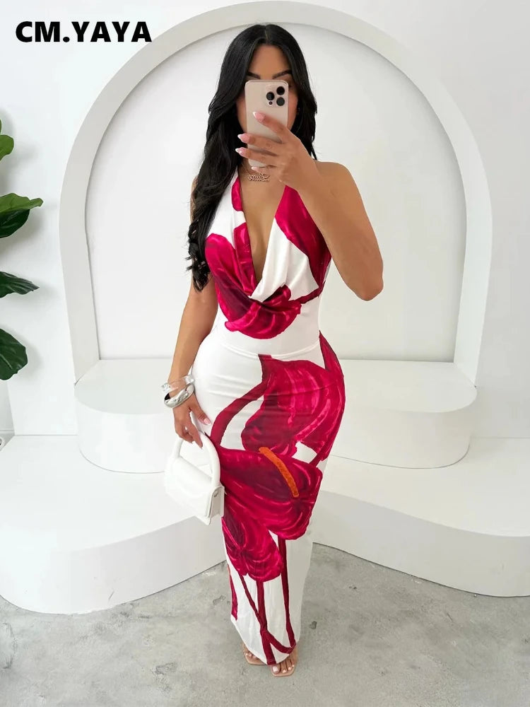 CM.YAYA Women Sleeveless floral Print pile neck backless bodycon midi maxi Dress Summer Evening Sexy Party long Dresses Vestidos