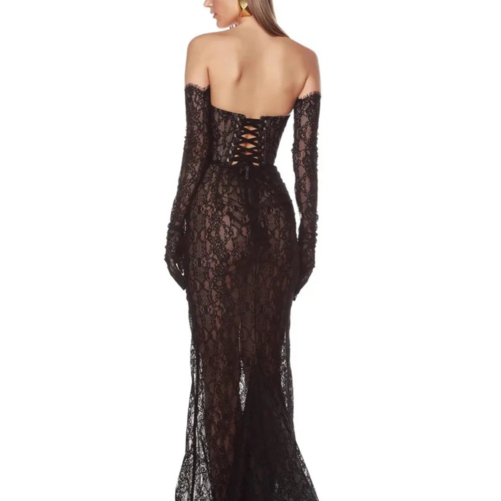 New Summer Black Color Women Sexy Strapless Lace Floor-length Mermaid Dress Gloves Elegant Evening Party Prom Outfit