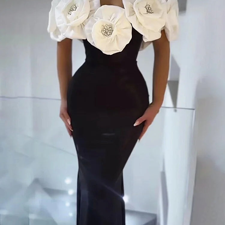 Fashion Big White Flowers Women Sexy Off the Shoulder Bodycon Long Bandage Dress Celebrate Evening Party Birthday Dress black