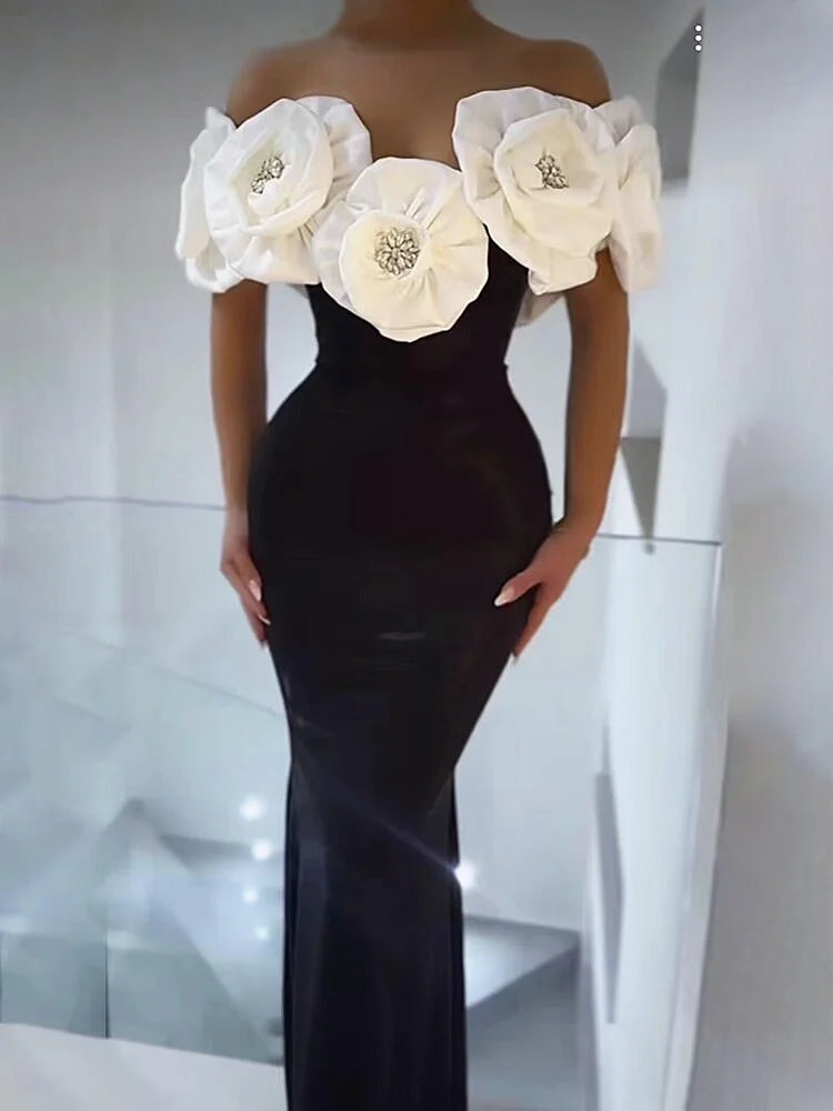 Fashion Big White Flowers Women Sexy Off the Shoulder Bodycon Long Bandage Dress Celebrate Evening Party Birthday Dress black