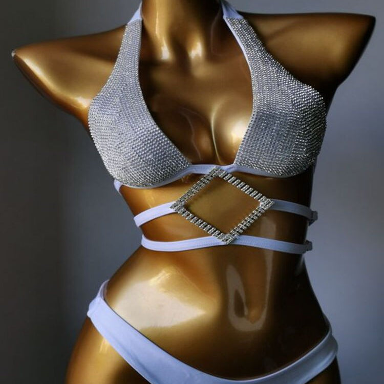 Swimwear Bikini Sets Swimsuit 2024 Summer Beach Shiny Crystal Rhinestone Padded Push Up Bikinis Set Outfits For Women White 2