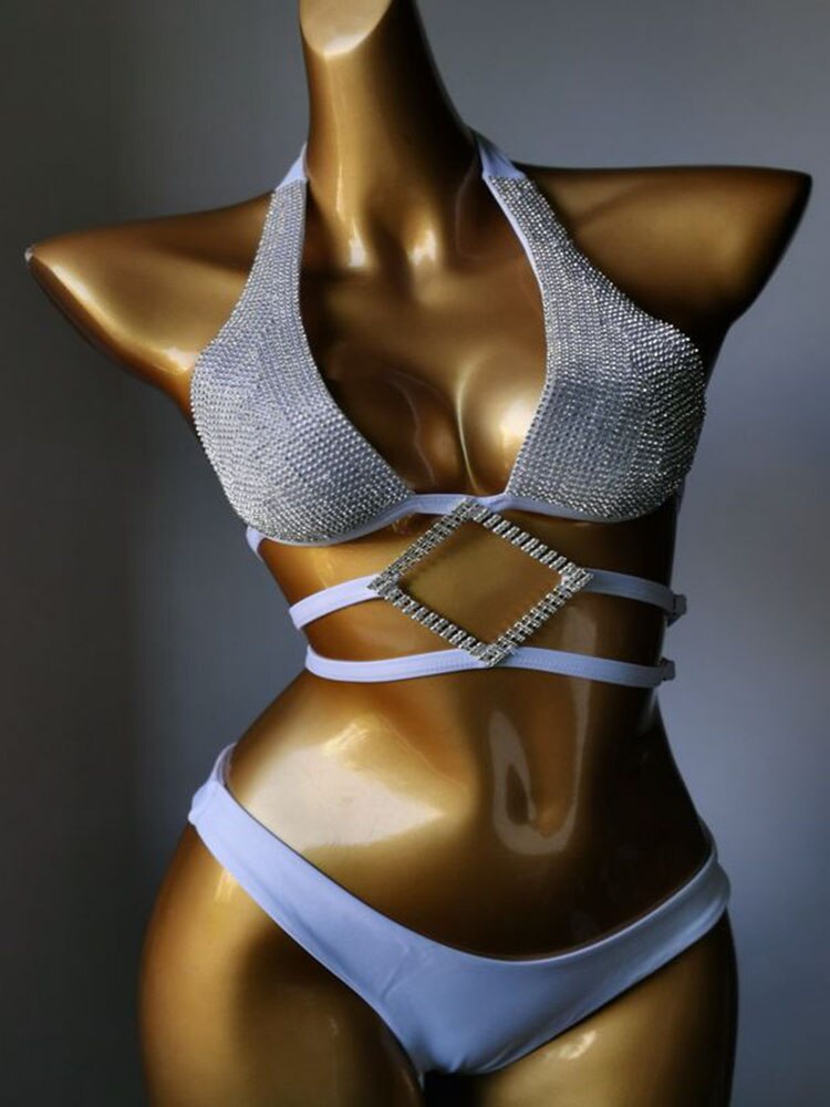 Swimwear Bikini Sets Swimsuit 2024 Summer Beach Shiny Crystal Rhinestone Padded Push Up Bikinis Set Outfits For Women White 2
