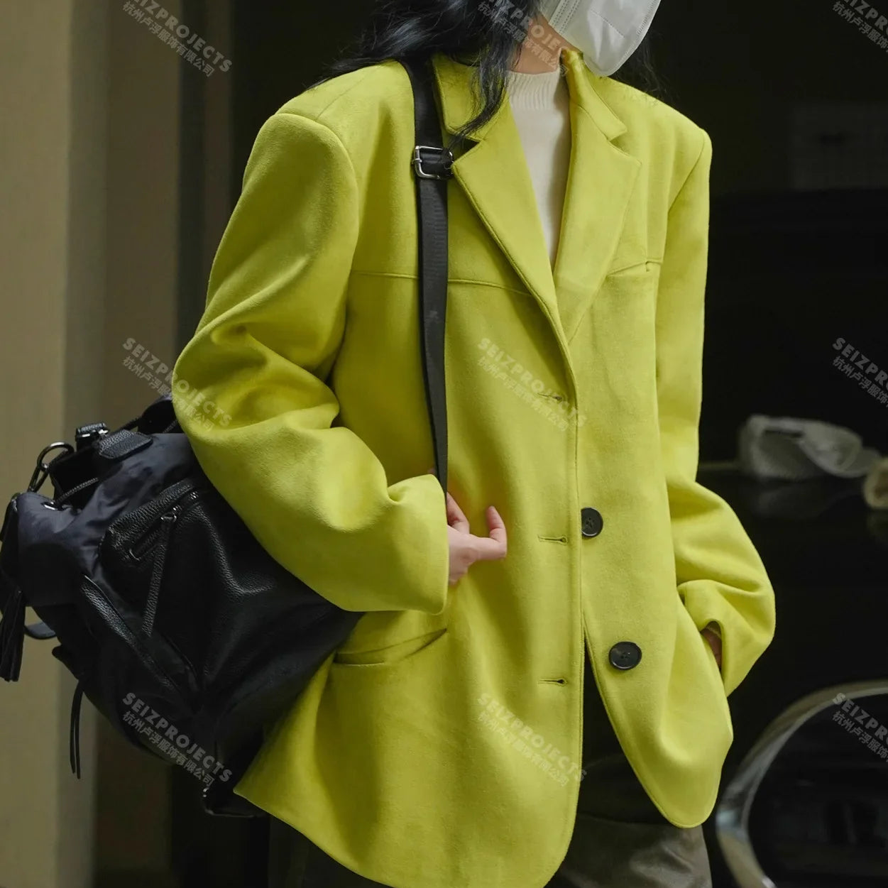 Winter Curved Pocket Oversized Blazer Suede Jacket Brown Green Loose Straight Coat For Women Fluorescent Green