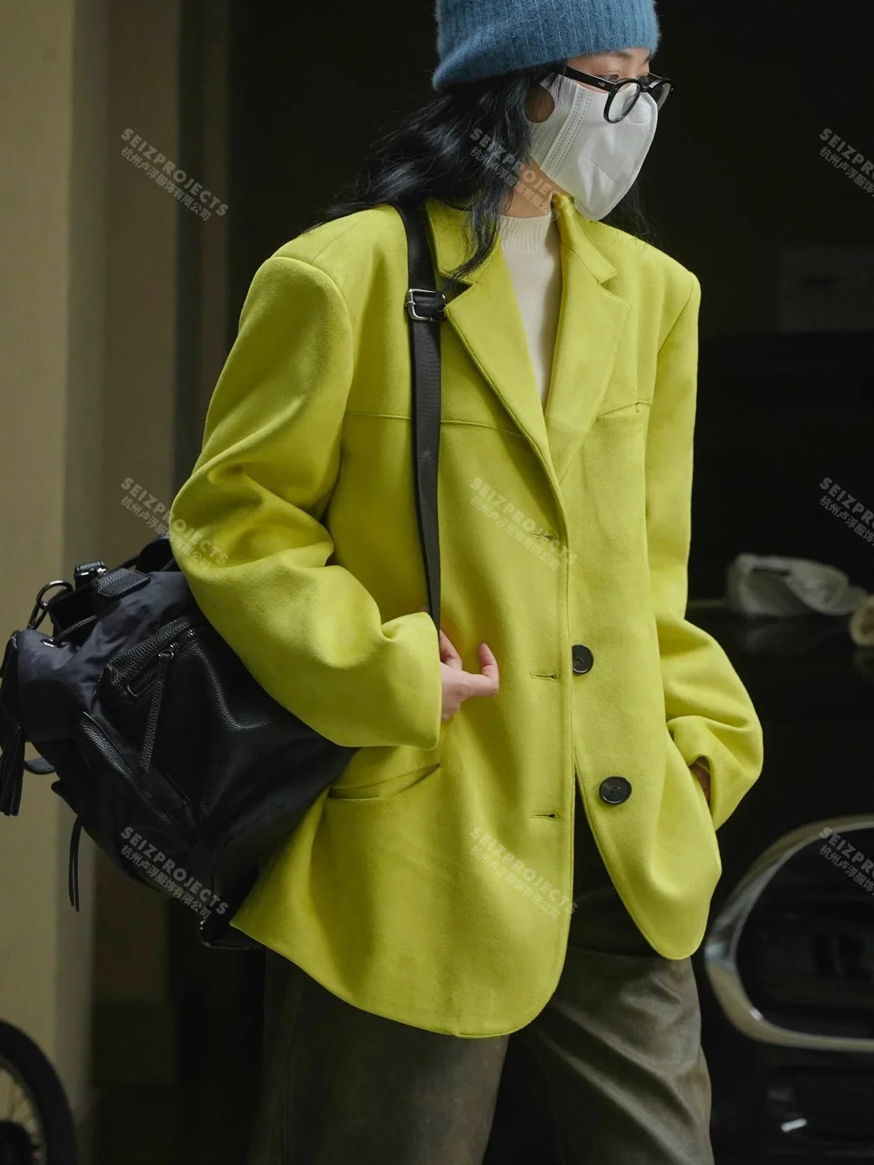 Winter Curved Pocket Oversized Blazer Suede Jacket Brown Green Loose Straight Coat For Women Fluorescent Green