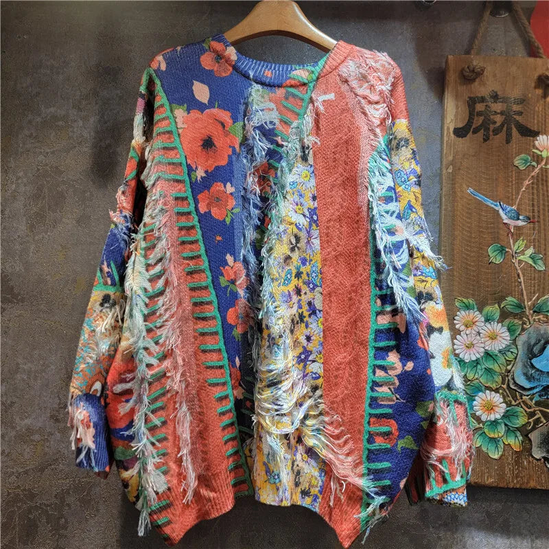 Autumn Winter New Fashion Elegant Casual Versatile Printed Knitted Tassel Sweater For Women Loose Pullover 11A07722 Picture Color One Size