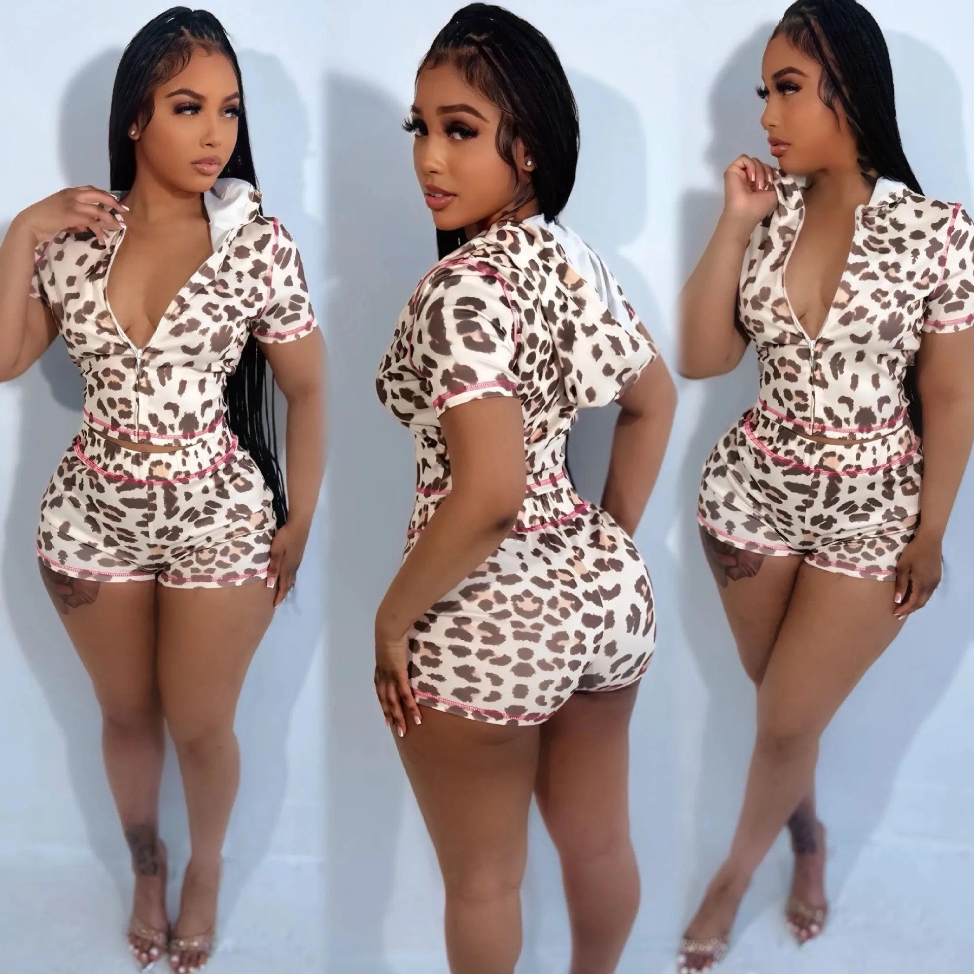 Fashion Leopard Print Women's Set Short Sleeve Hoodies + Shorts Suit 2025 Streetwear Active Two 2 Piece Set Tracksuit Apricot