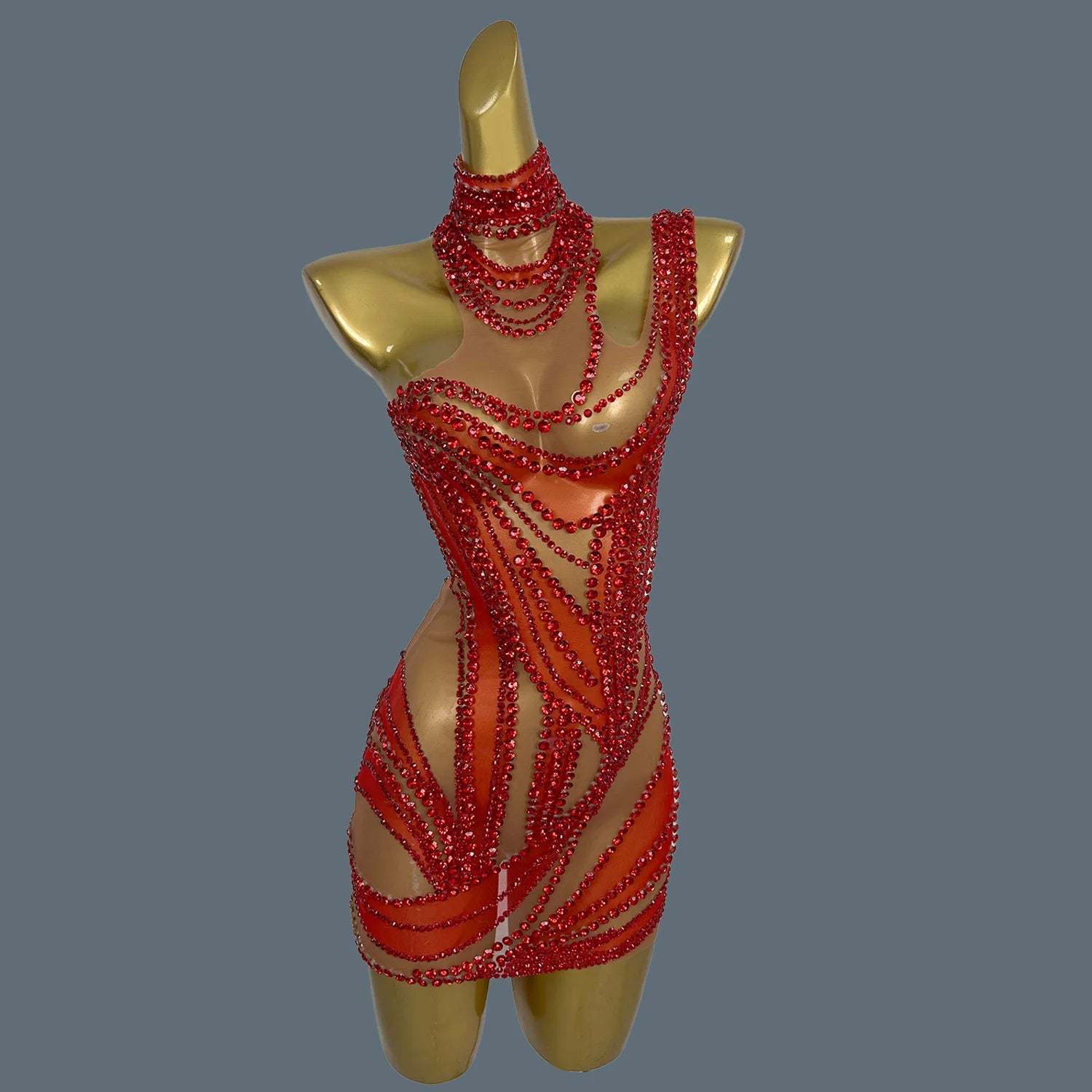 Sparkly Rhinestone Mini Dress Sexy Mesh See Through Party Event Prom Celebrate Birthday Dress Singer Show Wear Liuzhuan Red One Size