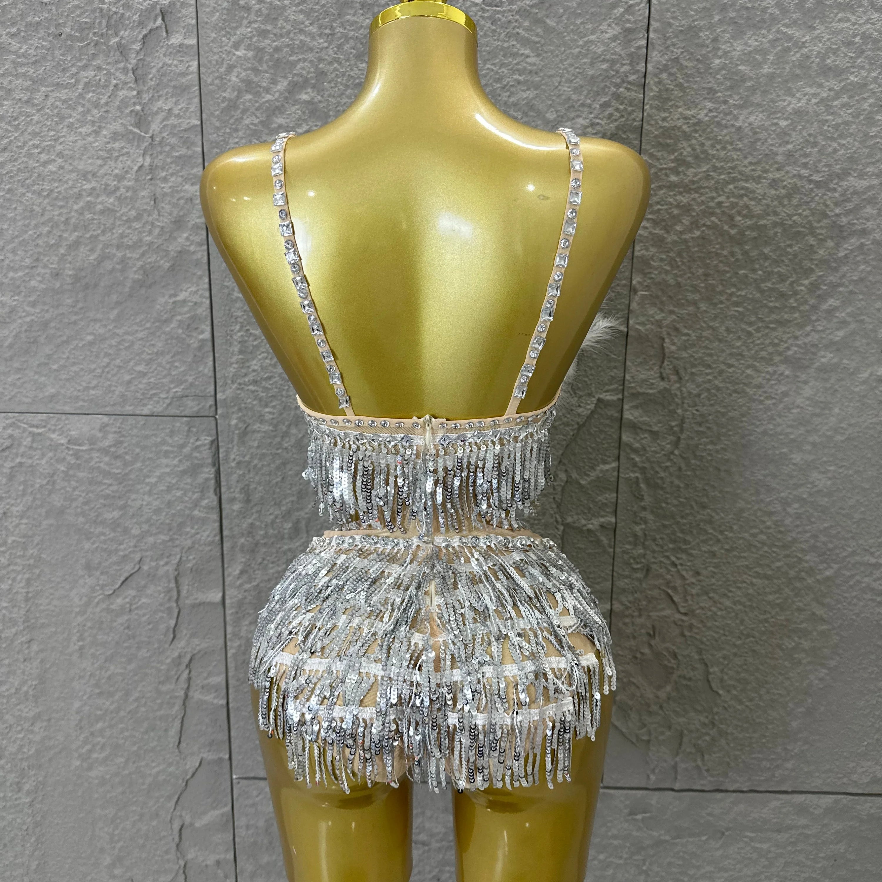 Luxurious Sheer Mesh Bodysuit Women Sexy Crystal Embellished Feather Fringe Trim Spaghetti Strap Outfit Stage Performance Outfit