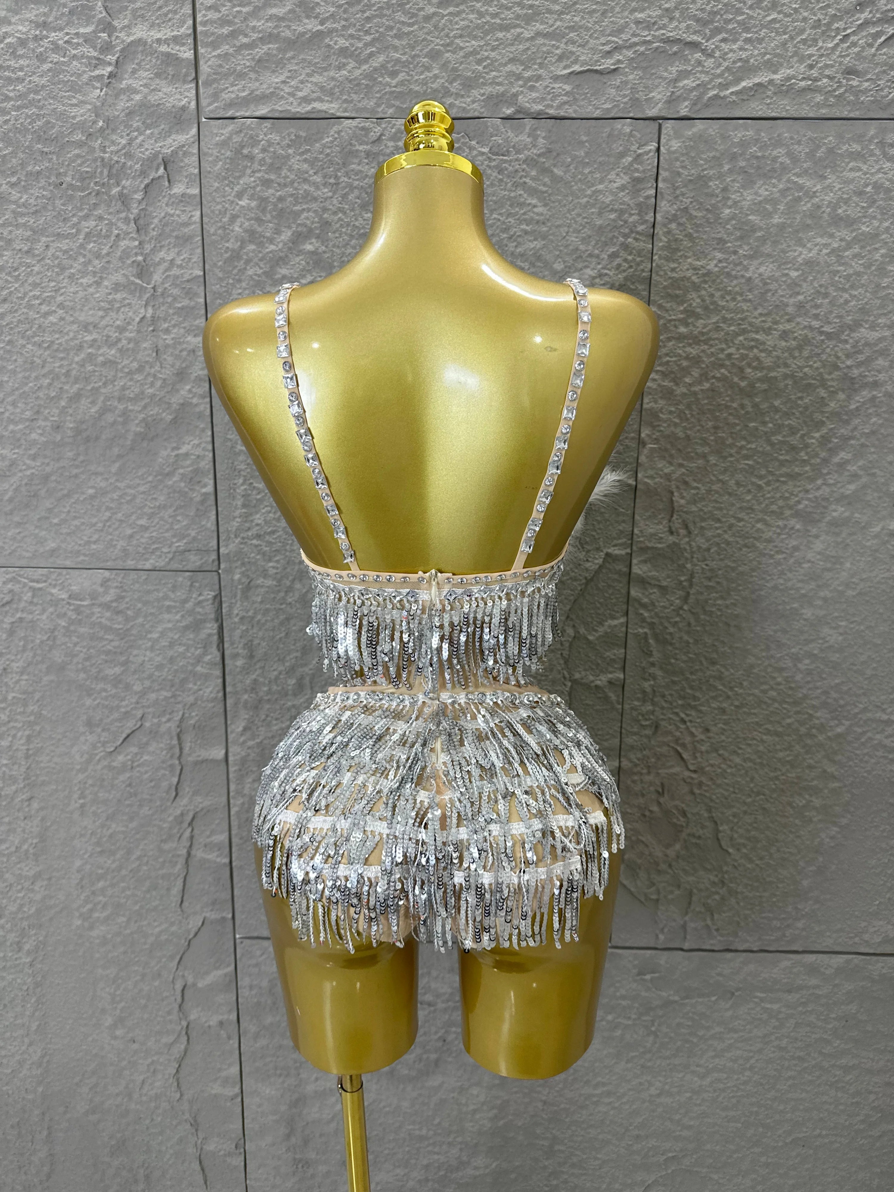 Luxurious Sheer Mesh Bodysuit Women Sexy Crystal Embellished Feather Fringe Trim Spaghetti Strap Outfit Stage Performance Outfit