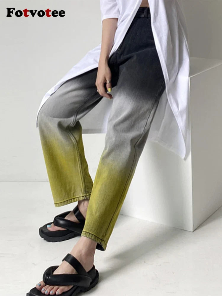 Fotvotee Jeans for Women Casual Gradient Denim Pants New Fashion High Waist Pockets Harem Pants Streetwear Ladies Y2k Jeans