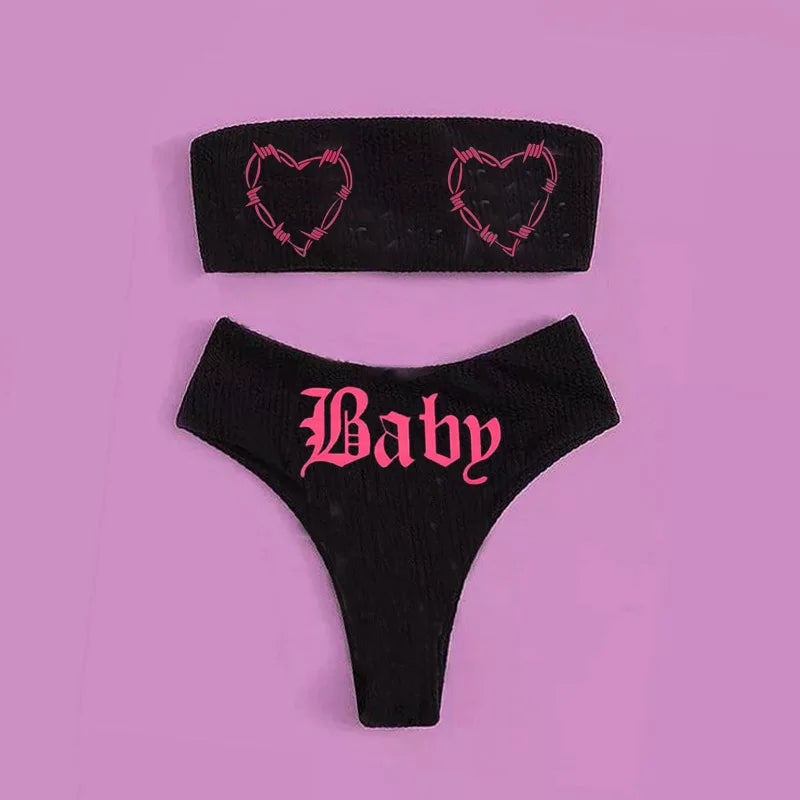 Sexy Goth Bikini 2023 Women Letters Skull Print Swimsuit Split Bathing Suit High Waist Gothic Bikinis Sets Beach Outfits 8