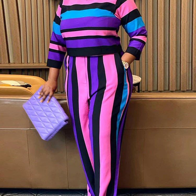 Curvy Woman Clothes Plus Size Autumn 2 Piece Outfit Set Elegant Pants and Blouse Set Ladies Casual Outfits PURPLE