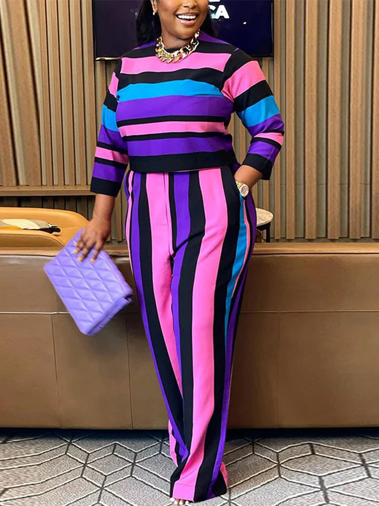 Curvy Woman Clothes Plus Size Autumn 2 Piece Outfit Set Elegant Pants and Blouse Set Ladies Casual Outfits PURPLE