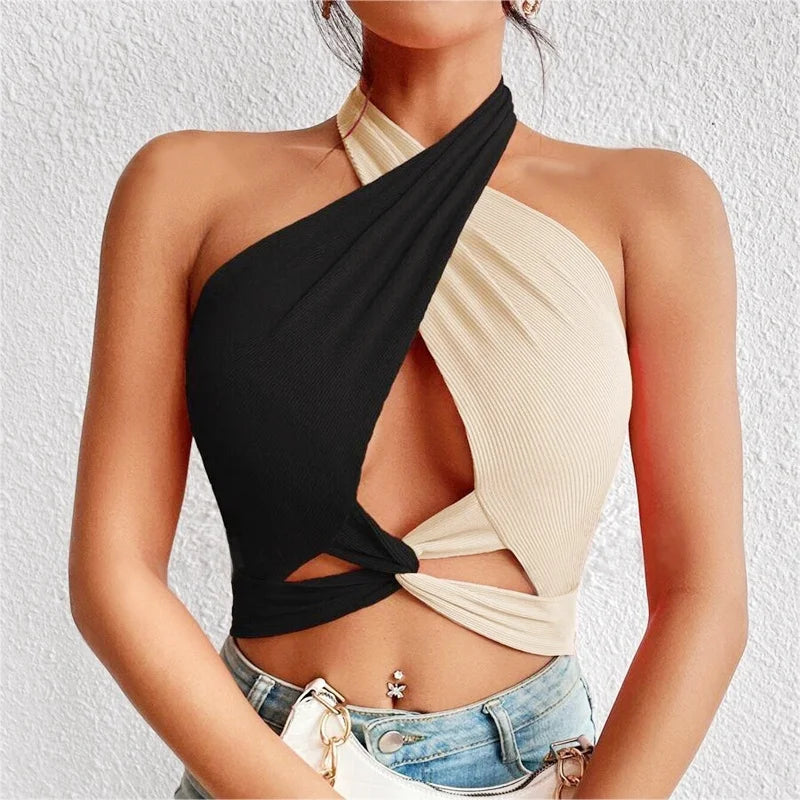 Women Summer Tank Tops Sexy Patchwork Cross Halter Neck Straps Hollow Crop Tops High Street Wear New Fashion Beige