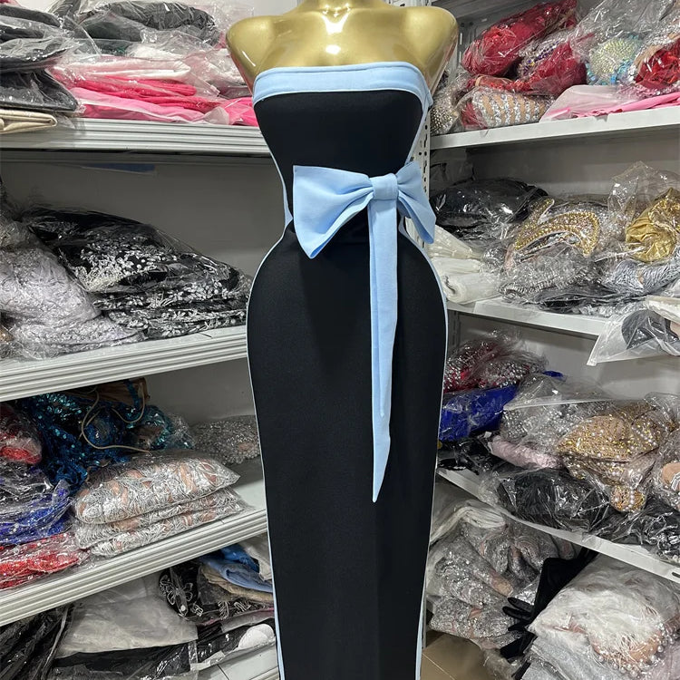 High Women Sexy Strapless Off the Shoulder Bow Bodycon Long Bandage Dress Nightclub Party Celebrate Birthday Outfit