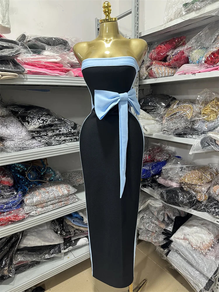 High Women Sexy Strapless Off the Shoulder Bow Bodycon Long Bandage Dress Nightclub Party Celebrate Birthday Outfit