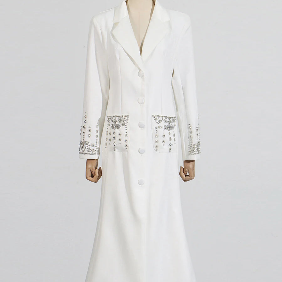 Solid Slimming Spliced Diamonds Dresses for Women Lapel Long Sleeves Patchwork Single Breasted Dress Female Fashion WHITE