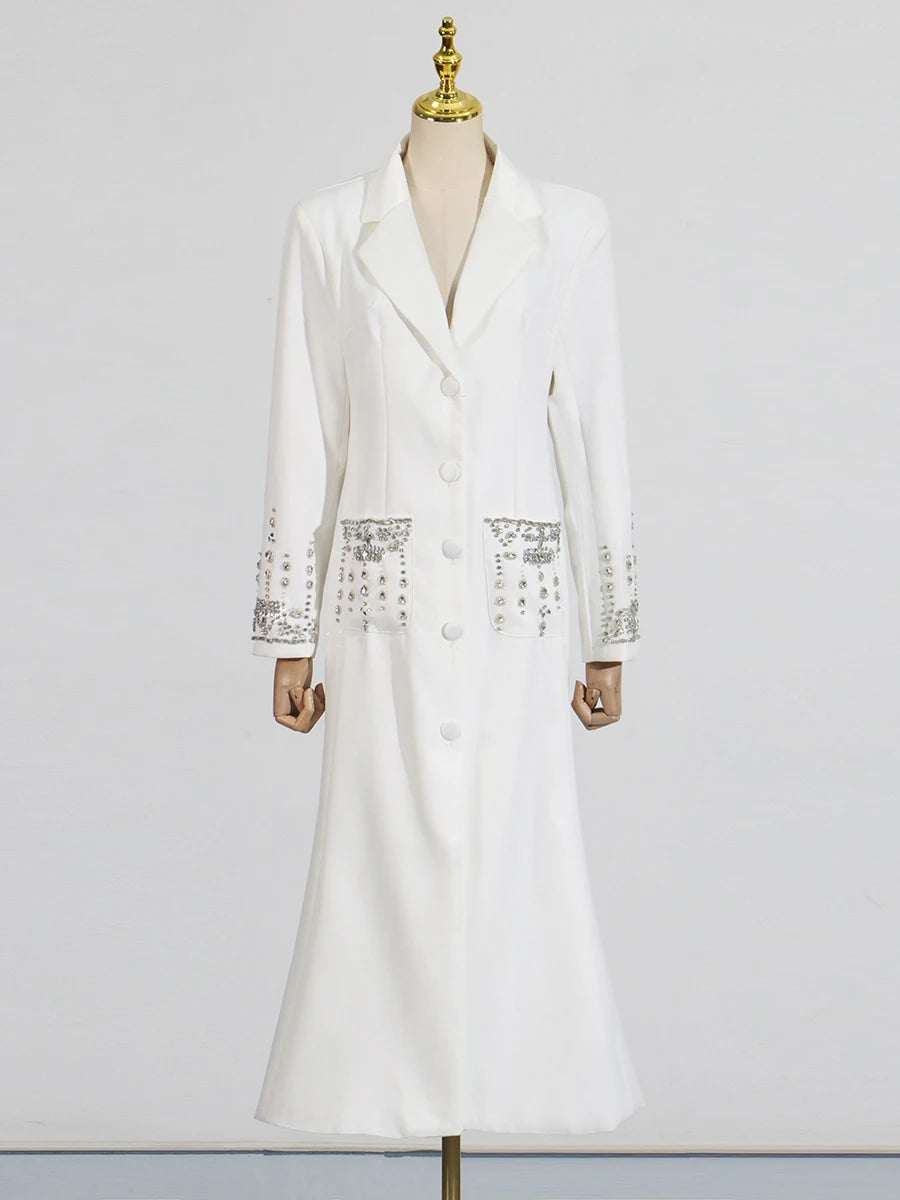 Solid Slimming Spliced Diamonds Dresses for Women Lapel Long Sleeves Patchwork Single Breasted Dress Female Fashion WHITE