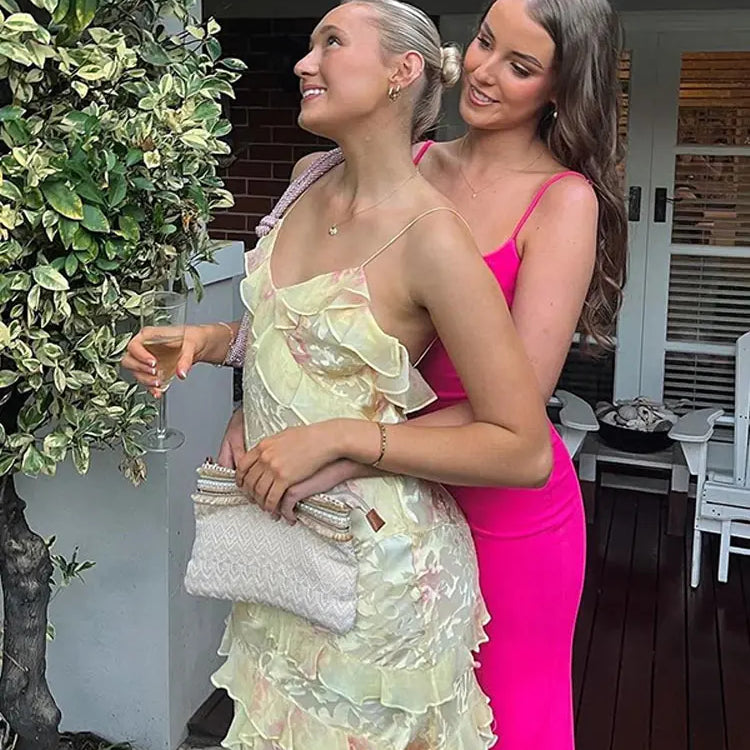 Boho Sexy V Neck Colorful Ruffles Sling Dress Women Backless Sleeveless Floor Length Slim Robe Lady Beach Holiday Vestido