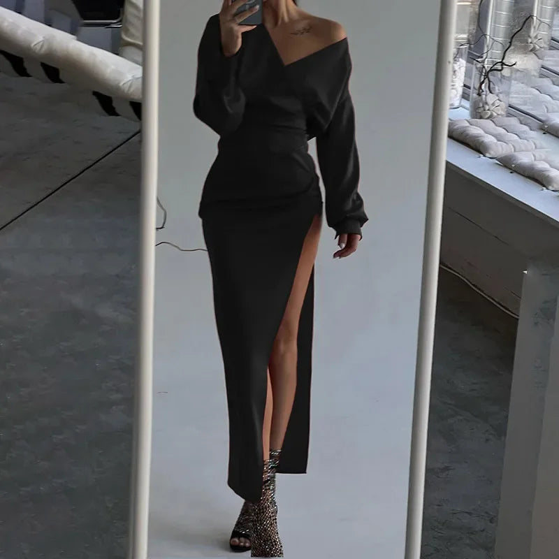 Sexy Women Long Sleeve V-neck Evening Dresses Ladies Elegant Slim Fit High Split Pleated Dress Party Club Outfits Prom Dress black