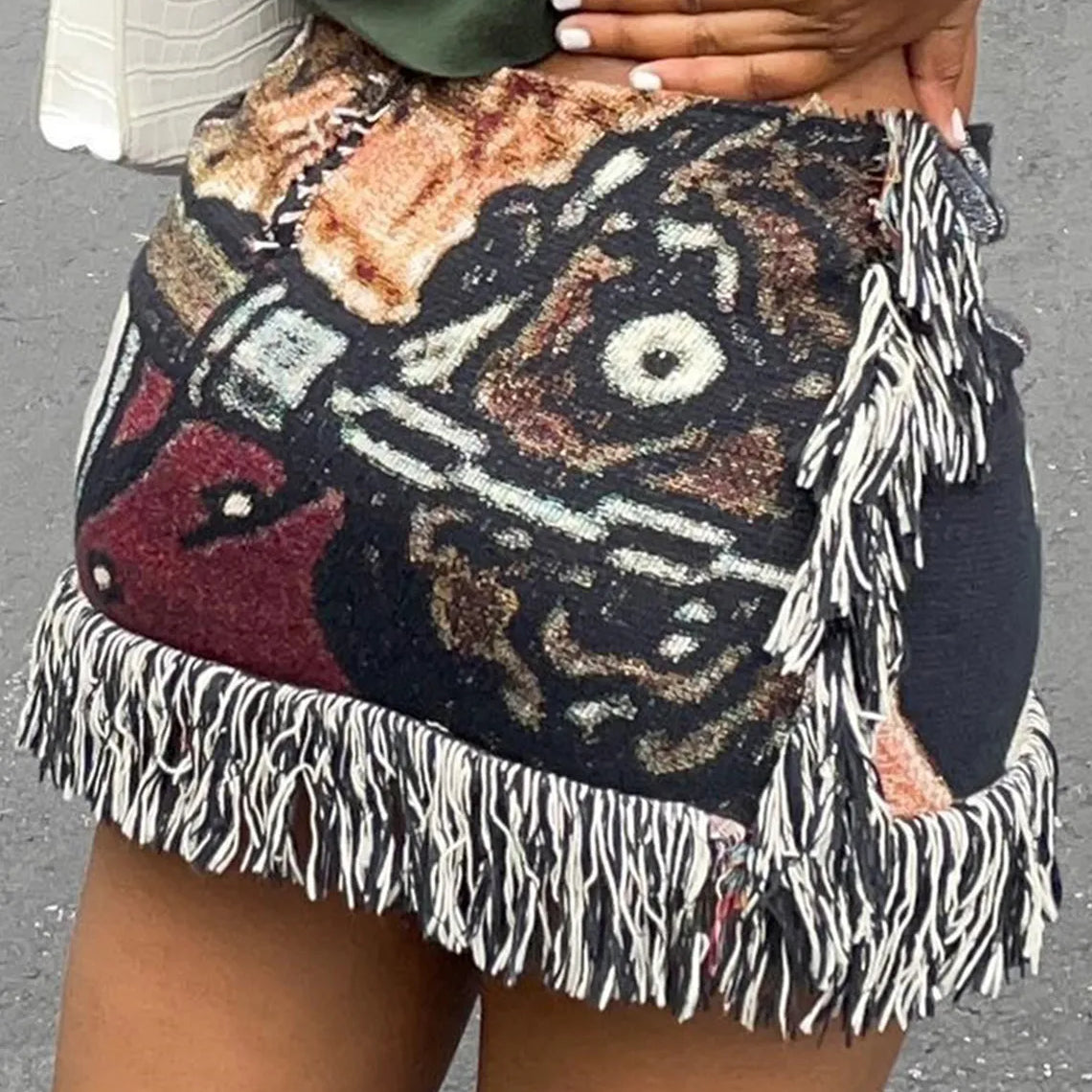 2024 Spring Casual Fashion Pattern Tassel Mini Short Skirt Slim Print Street Female INS Classic Women’s Skirts