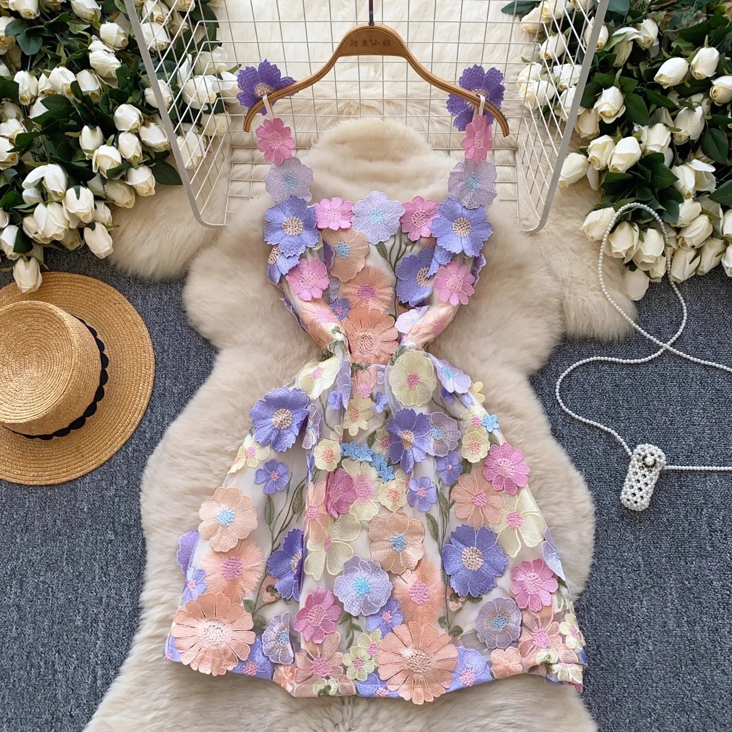 Summer Holiday Hollow Out Flower Embroidery Dress Women's Square Collar Sleeveless Mesh Flower Bohemain MIni Robe Vestidos purple