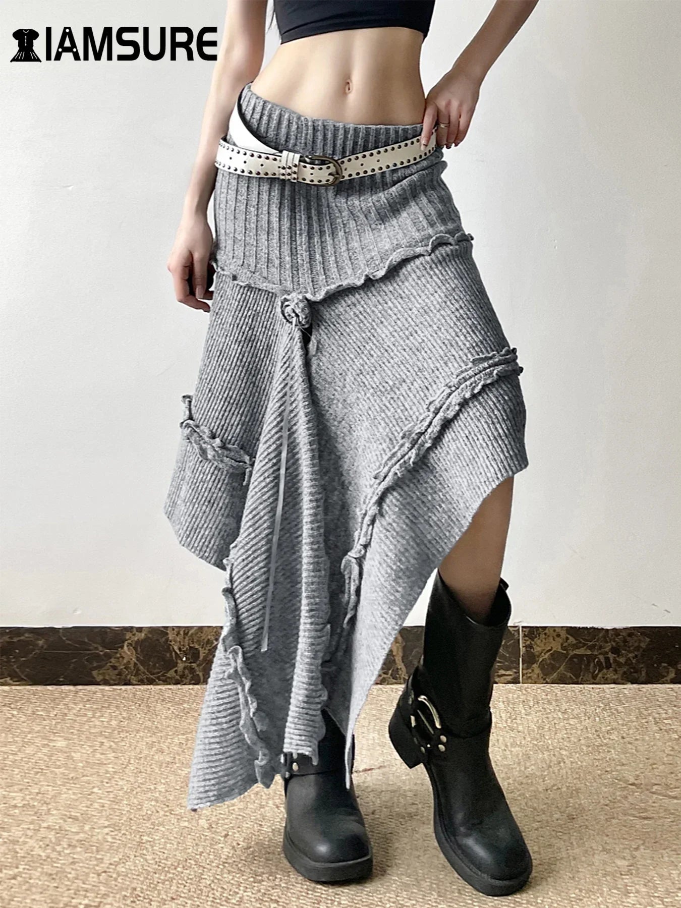 IAMSURE Grunge Style Casual Asymmetrical A-Line Skirt Solid Low-Waisted Knitted Midi Skirts Women Autumn Winter Fashion GRAY
